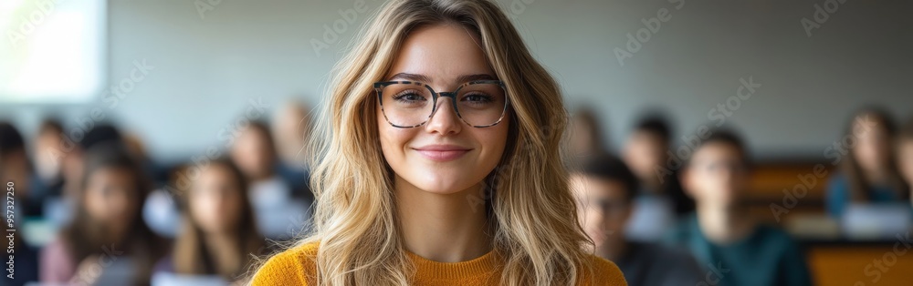 Warm Smile of a Cheerful Teacher in a Lively Classroom Warm Smile of a Cheerful Teacher in a Lively Classroom