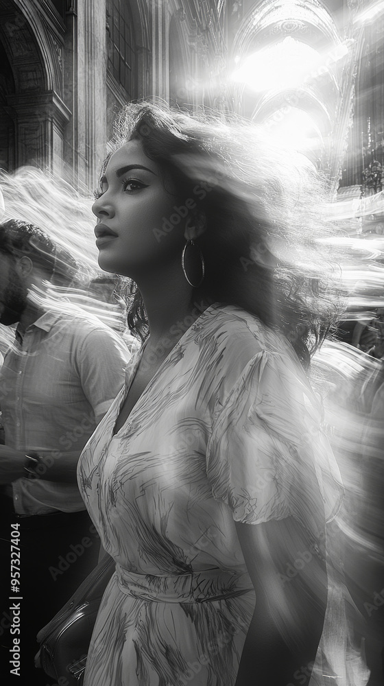 An enchanting black and white image of a woman in a flowing dress, standing with a dreamy expression amidst a motion-blurred busy city scene. An enchanting black and white image of a woman in a flowing dress, standing with a dreamy expression amidst a motion-blurred busy city scene.
