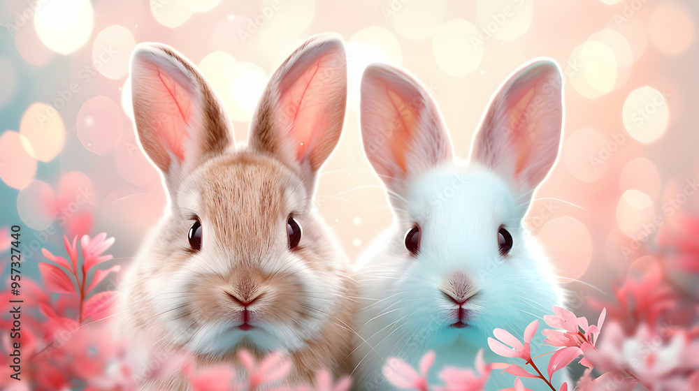 Fototapeta premium Colourful Easter Banner With Bunnies Eggs And Flow