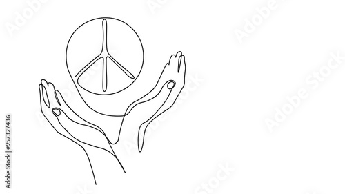 Continuous one single line art peace symbol in hands. No war peace agreement concept. Hand drawn sketch monochrome vector illustration