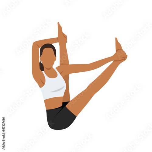 Young woman doing Boat Pose Twist Variation Hands To Feet or Parivrtta Navasana Variation Hands To Feet. Flat vector illustration isolated on white background