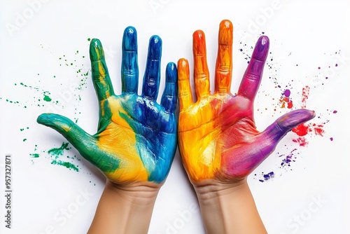 Vibrant multicolored hands splashed with paint against a white backdrop, capturing creativity, art, and playful expression. photo