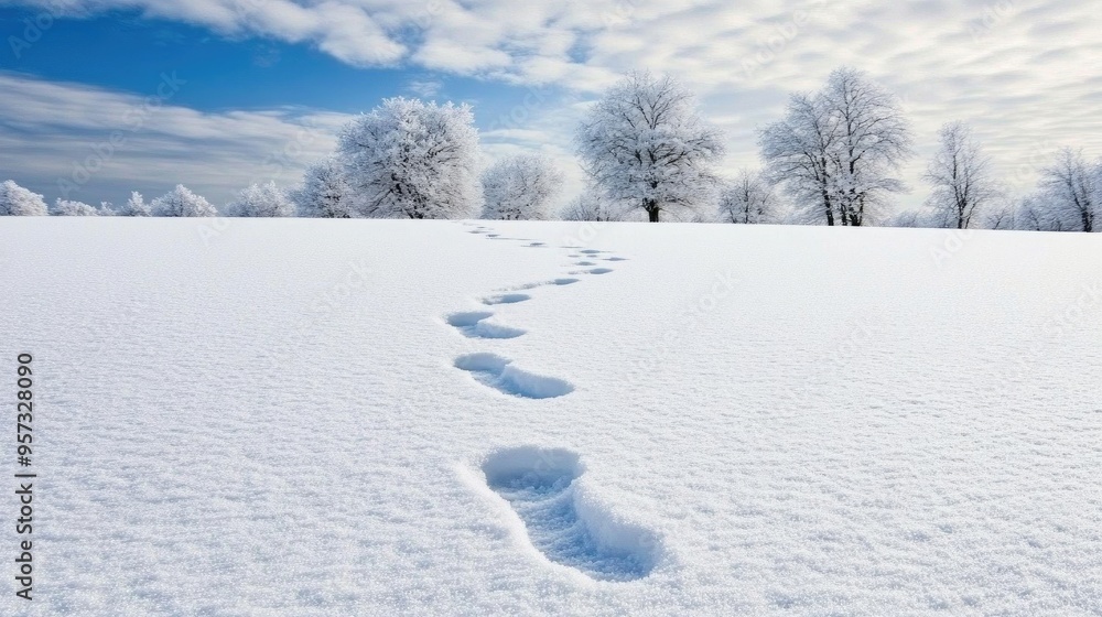 Discovering a tranquil winter wonderland with snow-covered trees and a winding trail leading into the serene blue sky Discovering a tranquil winter wonderland with snow-covered trees and a winding trail leading into the serene blue sky