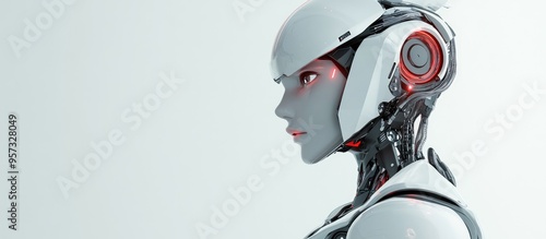 3D illustration of a female robot standing alone against a white backdrop