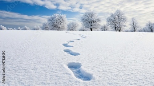 Discovering a tranquil winter wonderland with snow-covered trees and a winding trail leading into the serene blue sky