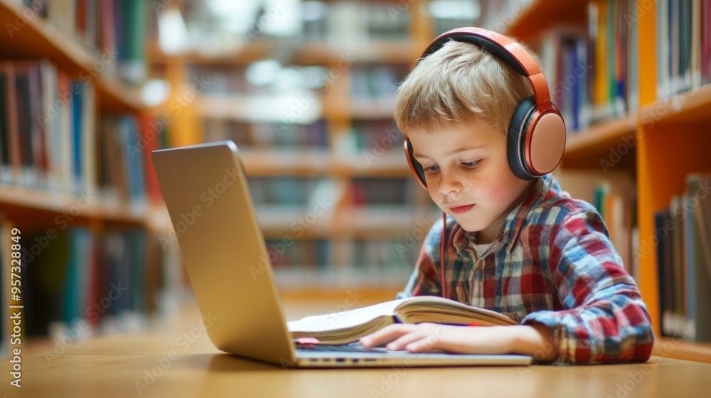 Engaged Boy Learning in Library Engaged Boy Learning in Library