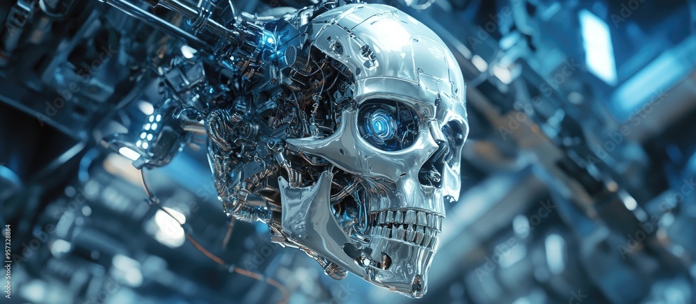Fototapeta premium 3D illustration of a futuristic robotic reaper with a metallic skull face suspended from machinery embodying a sci fi and eerie aesthetic