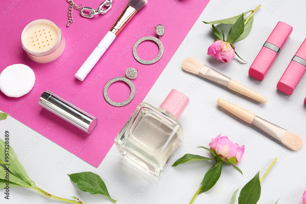 Naklejka premium Composition with female accessories, cosmetics, makeup brushes and peony flowers on color background