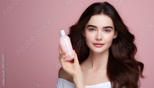 Portrait of a young woman smiling holding mockup product for advertising text place, beige background. Concept of healthcare for skin, beauty care product for advertising