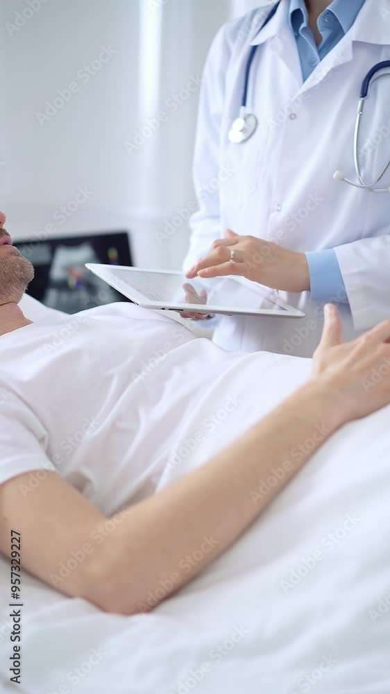 Doctor consulting patient with digital tablet in hospital room. Healthcare professional providing care Doctor consulting patient with digital tablet in hospital room. Healthcare professional providing care