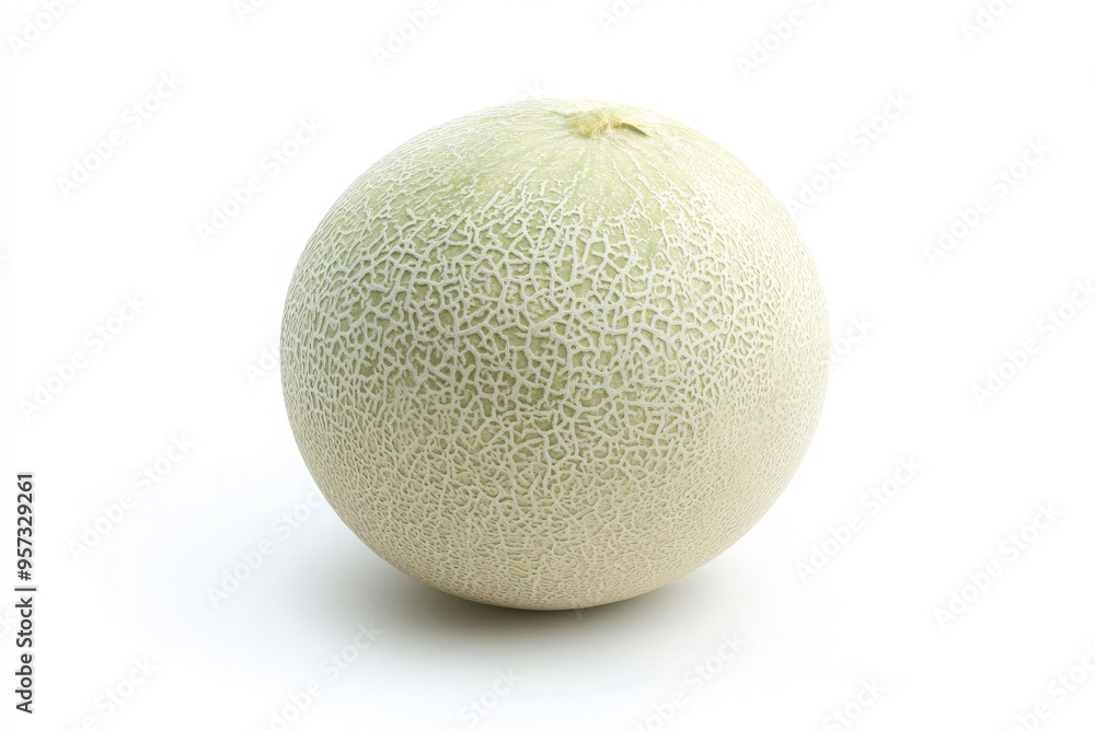 A whole cantaloupe melon with a smooth, pale green rind and a netted pattern, isolated on a white background. A whole cantaloupe melon with a smooth, pale green rind and a netted pattern, isolated on a white background.