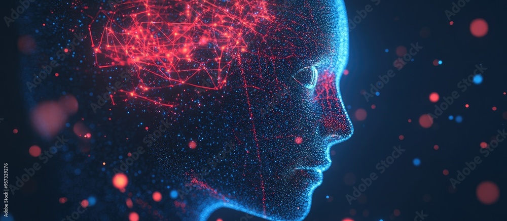 3D illustration of a human head created from millions of charged particles representing artificial intelligence 3D illustration of a human head created from millions of charged particles representing artificial intelligence
