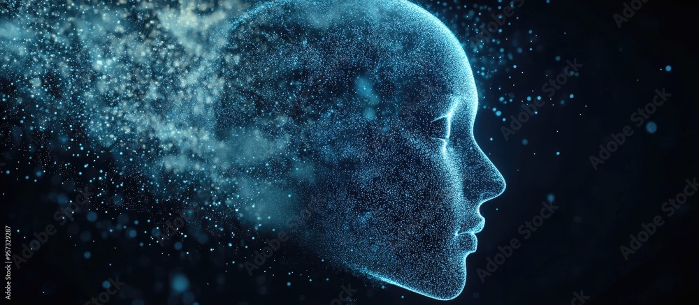 3D illustration of a human head created from millions of charged particles representing artificial intelligence 3D illustration of a human head created from millions of charged particles representing artificial intelligence