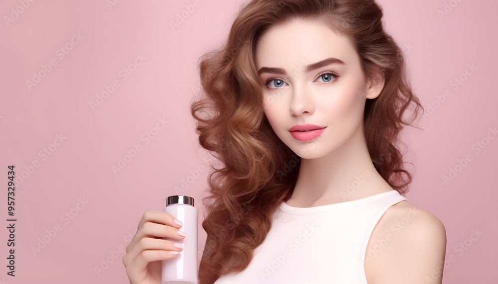 Portrait of a young woman smiling holding mockup product for advertising text place, beige background. Concept of healthcare for skin, beauty care product for advertising Portrait of a young woman smiling holding mockup product for advertising text place, beige background. Concept of healthcare for skin, beauty care product for advertising