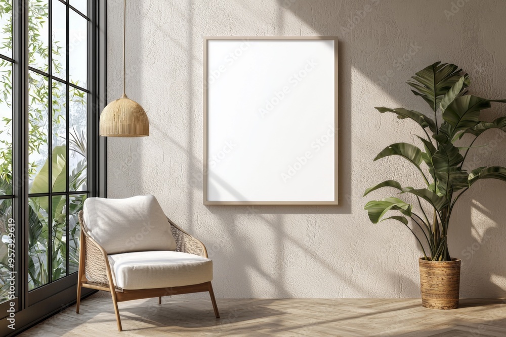 Poster Frame in Beige minimalist living room interior created with generative AI Poster Frame in Beige minimalist living room interior created with generative AI