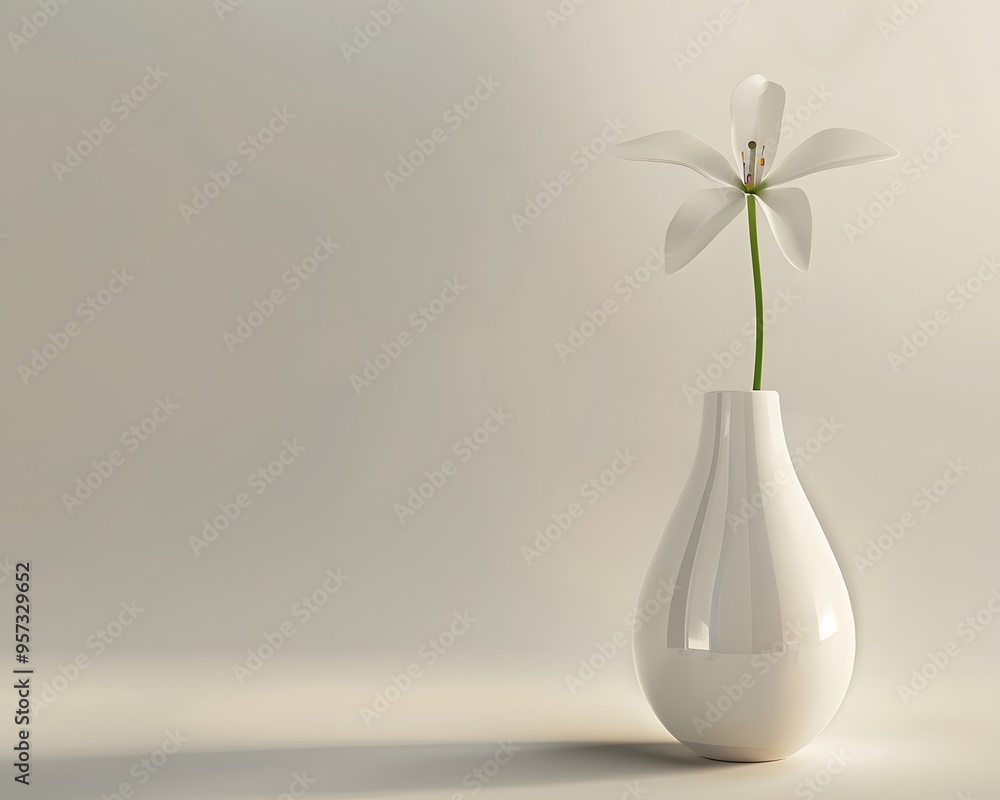 A 3D render of a white vase with a single flower, set against a plain, neutral background. A 3D render of a white vase with a single flower, set against a plain, neutral background.