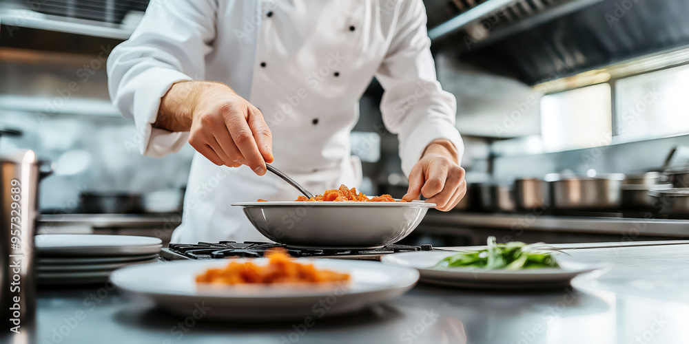 Chef preparing gourmet dish in professional kitchen Chef preparing gourmet dish in professional kitchen
