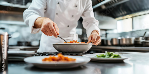 Chef preparing gourmet dish in professional kitchen