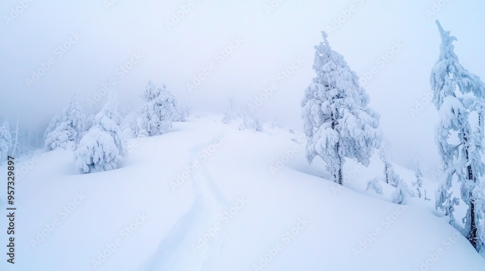 Discovering a tranquil winter wonderland with snow-covered trees and a winding trail leading into the serene blue sky Discovering a tranquil winter wonderland with snow-covered trees and a winding trail leading into the serene blue sky