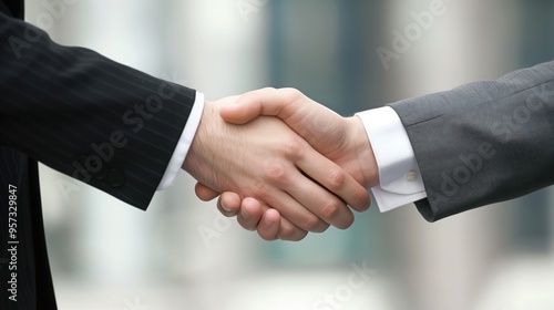 Partnership, business deal. Close up of handshake between two men in suits symbolizing trust and agreement. Teamwork and successful business