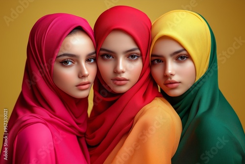 Close-up portrait of three women wearing vibrant, colorful hijabs against a yellow background, showcasing beauty and cultural diversity. photo