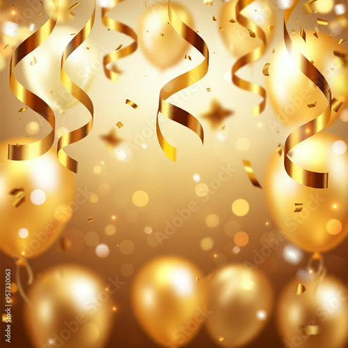 Celebration background with golden confetti stars and party streamers, Christmas, birthday and wedding concept photo