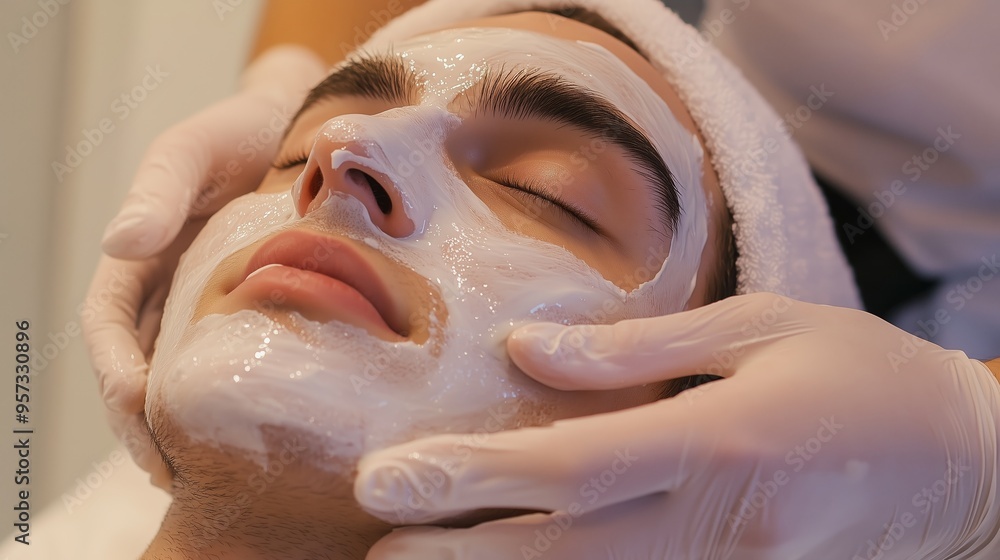 Naklejka premium Relaxing facial treatment at a spa with a male client enjoying skin care in a calming ambiance during the daytime