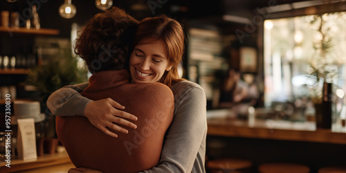 Warm reunion in cozy cafe: friends embrace with joyful smiles and natural lighting