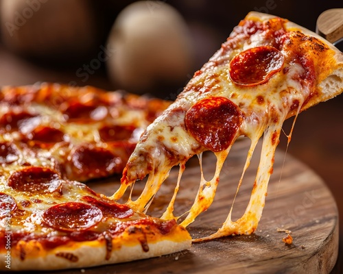 Golden-brown pepperoni pizza slice with gooey cheese, the perfect pull-away shot to emphasize the pizza s irresistible quality