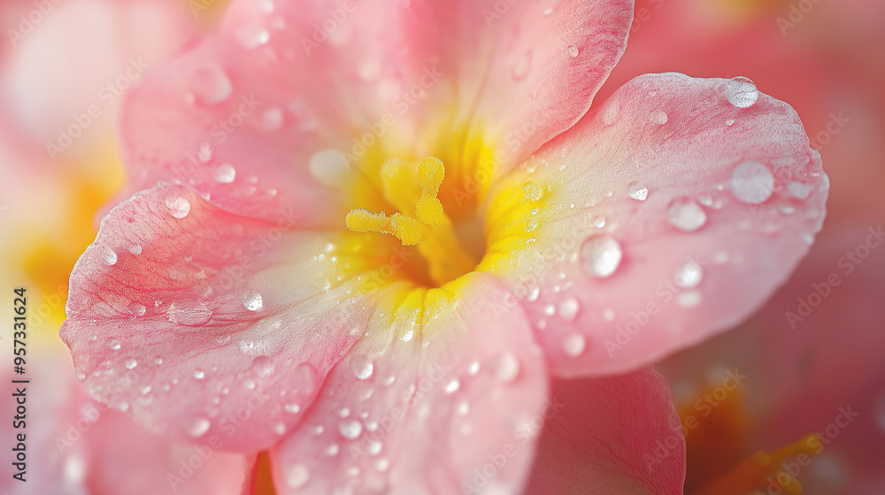 Close-up of Pink Primrose flower in the garden with water drops in its leaves. Close-up of Pink Primrose flower in the garden with water drops in its leaves.