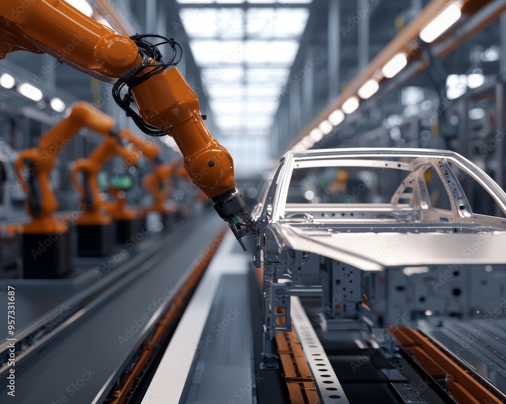 High-tech automotive factory with a car frame on the assembly line, robotic arms ensuring precise assembly High-tech automotive factory with a car frame on the assembly line, robotic arms ensuring precise assembly