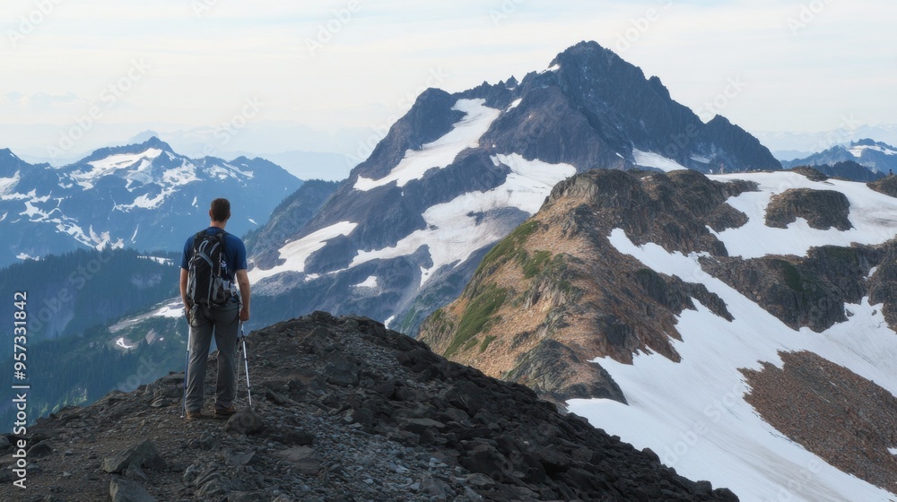 Fototapeta premium Adventurer on Mountain Peak