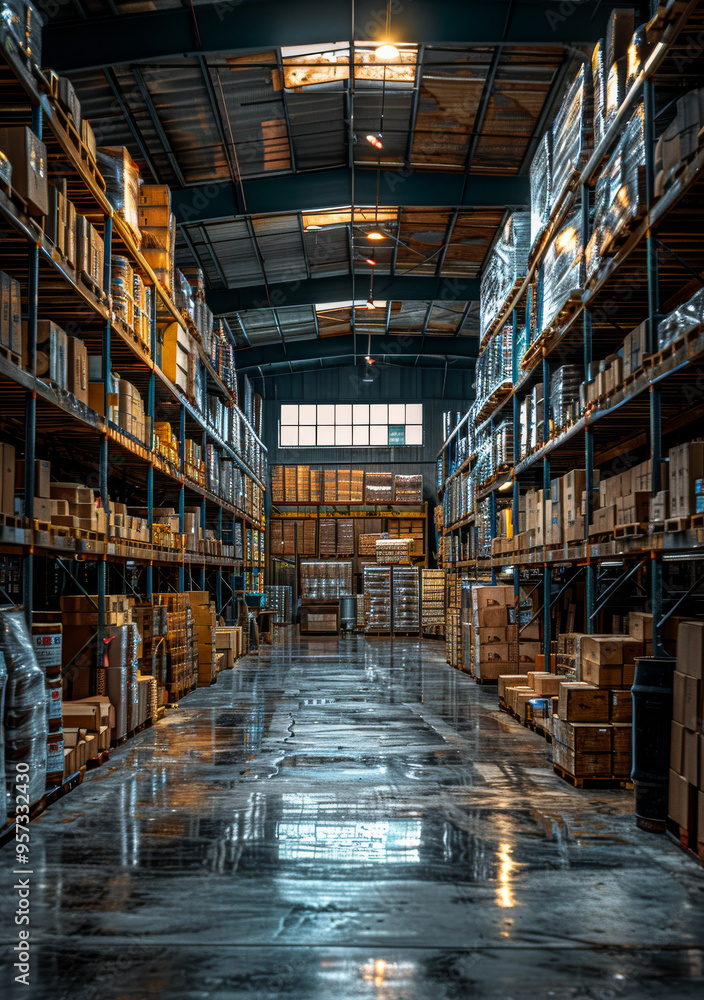 A large warehouse with many boxes stacked on shelves. The boxes are mostly empty, but there are some that are partially filled. A large warehouse with many boxes stacked on shelves. The boxes are mostly empty, but there are some that are partially filled.
