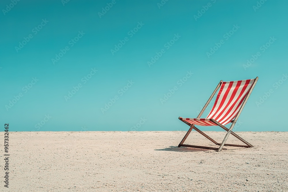 Red and white striped beach chair on sandy shore under blue sky Red and white striped beach chair on sandy shore under blue sky