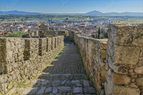  Looking down from the top of an old castle building photo