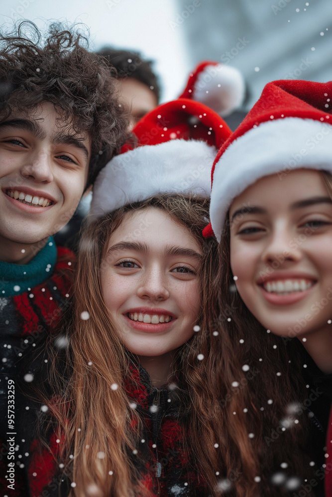 A lively group of young people enjoys the Christmas carnival, surrounded by confetti and snowflakes, showcasing joy and festive spirit in warm winter clothing. A lively group of young people enjoys the Christmas carnival, surrounded by confetti and snowflakes, showcasing joy and festive spirit in warm winter clothing.