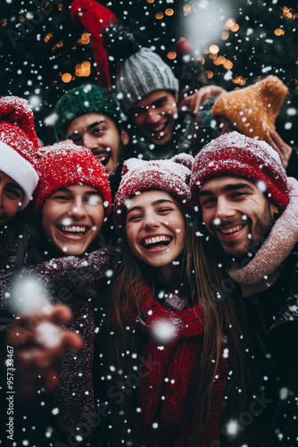 A lively group of young people enjoys the Christmas carnival, surrounded by confetti and snowflakes, showcasing joy and festive spirit in warm winter clothing.