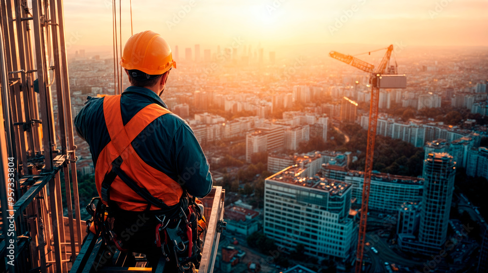 Construction worker admiring cityscape at sunset from high rise building Construction worker admiring cityscape at sunset from high rise building