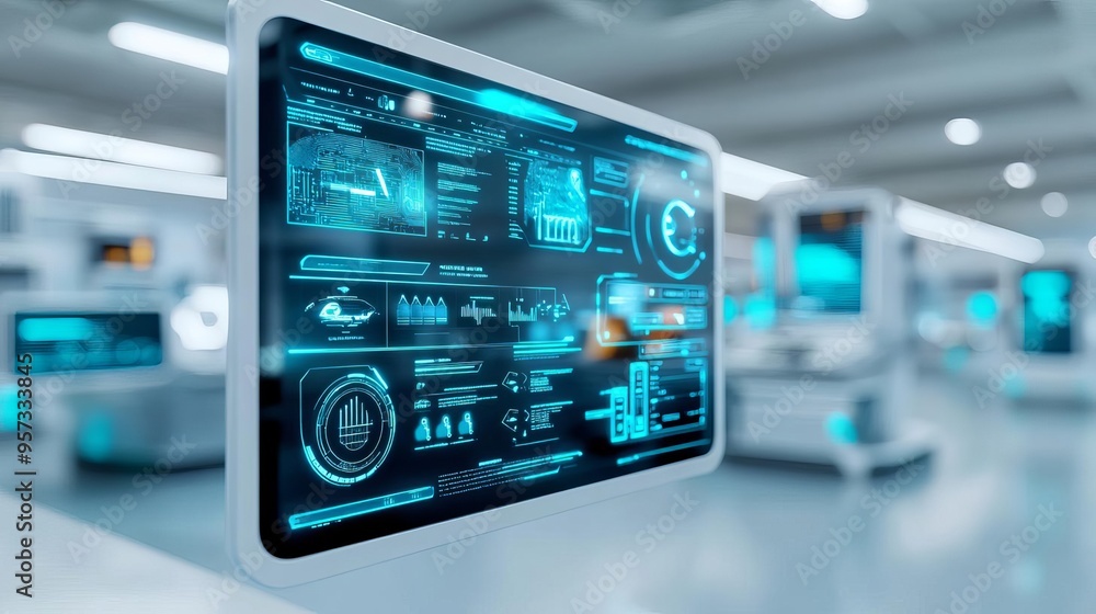 Holographic AI dashboard, futuristic service station, blue and white tones Holographic AI dashboard, futuristic service station, blue and white tones
