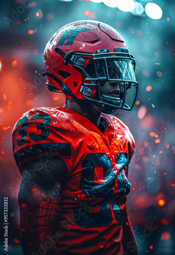 A football player in a red jersey stands in front of a fire.