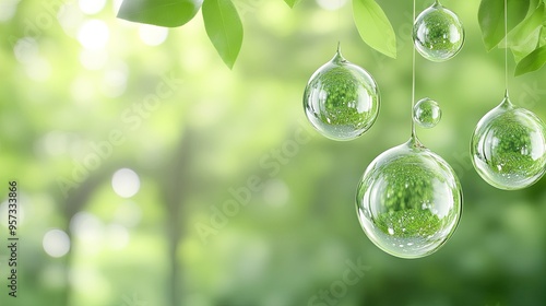 Floating droplets and bubbles brighten a vibrant green background, capturing the essence of nature's artistry in a dreamy atmosphere