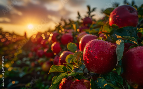 A field of red apples with a sun in the background