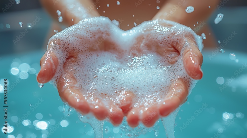 Fototapeta premium Close-up shot of hands covered in soap suds, held over blue water with bokeh effect splashing droplets.
