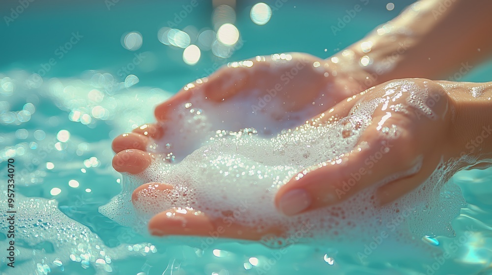 Close-up of hands washing with soap and water, creating bubbles and splashes against a blue background. Close-up of hands washing with soap and water, creating bubbles and splashes against a blue background.