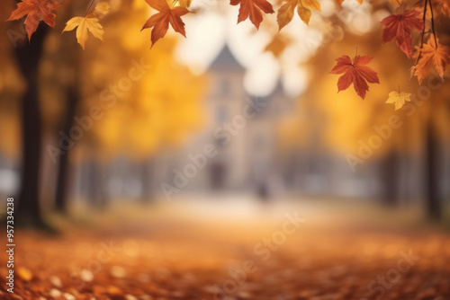 Autumn colorful leaves on blurred bright foliage trees and buildings background, defocused fall city landscape. For autumnal decoration, seasonal backdrop, wallpaper, digital art, banner, advertising