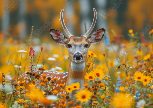 A deer is standing in a field of flowers. The deer is looking at the camera. The flowers are yellow and orange