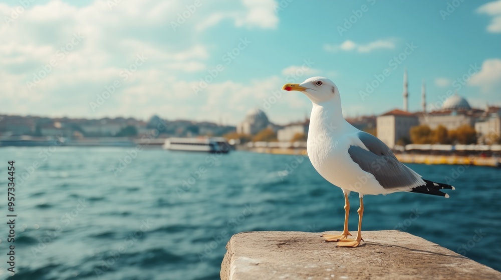 Seagull on the sea promenade. Sunny clear day on the ocean. Seagull on the sea promenade. Sunny clear day on the ocean.