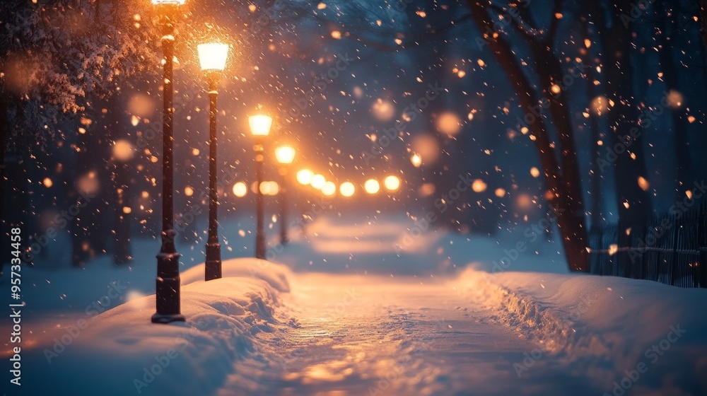 Magical Night Snowfall with Warm Streetlight Glow Magical Night Snowfall with Warm Streetlight Glow
