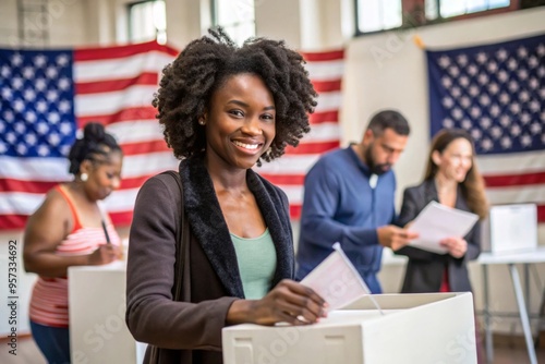 Black female citizen voting at polling station during elections in USA.