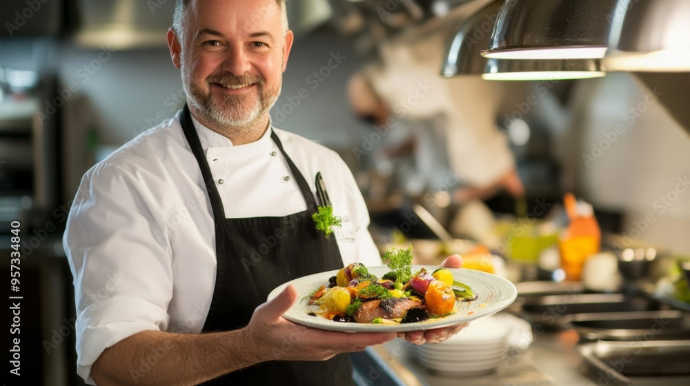 Chef Presenting a Culinary Dish in Kitchen Chef Presenting a Culinary Dish in Kitchen